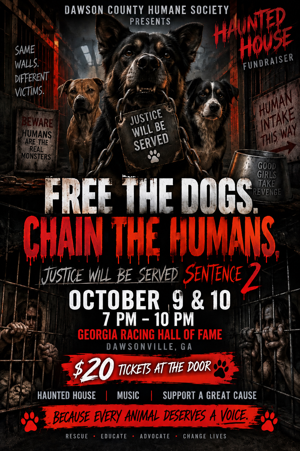 Justice Will Be Served: Sentence 2 — Haunted House Fundraiser flyer
